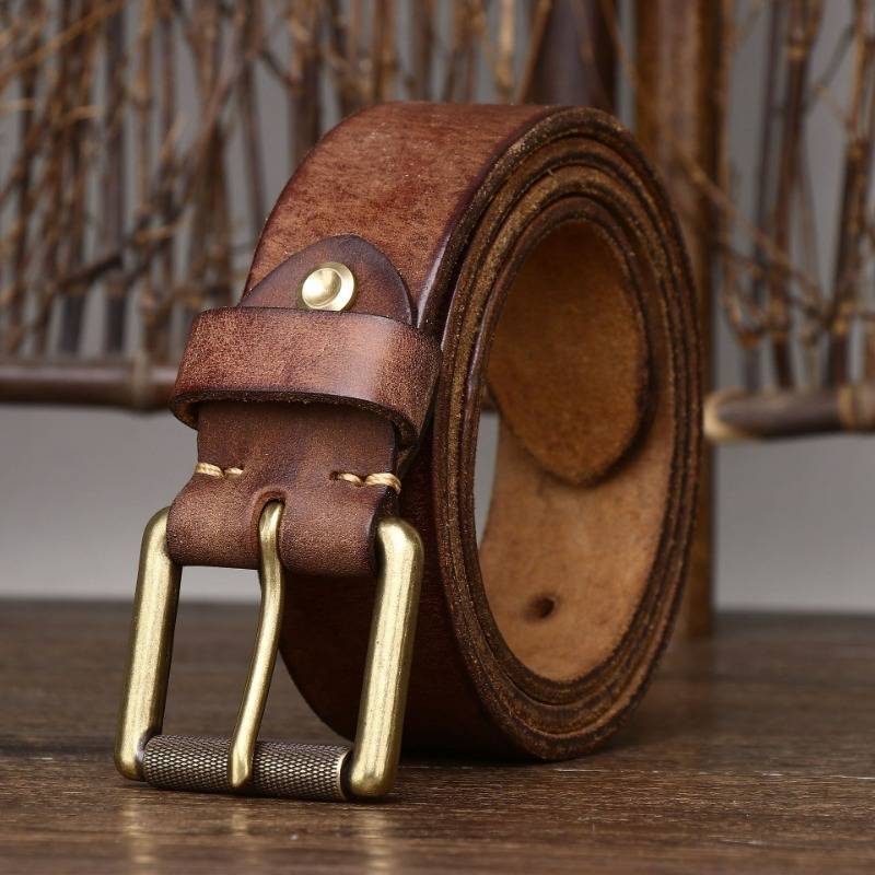 Brown men's belt, coiled view