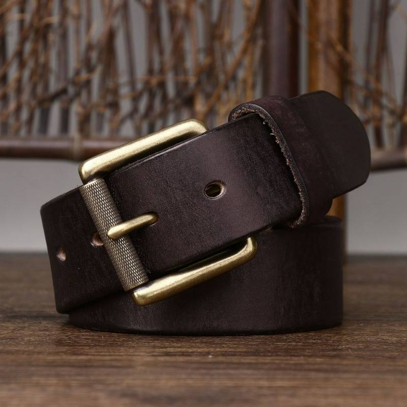Dark brown men's belt, side view