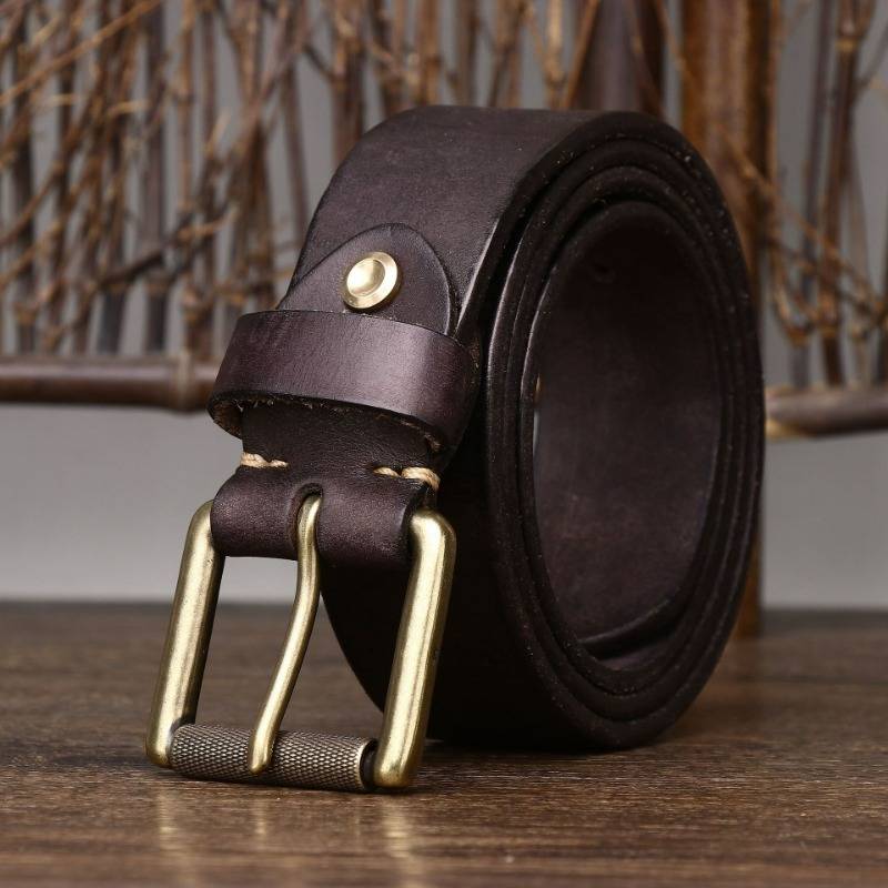 Dark brown men's belt, coiled view