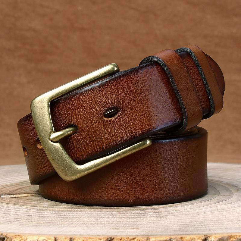 Brown men's belt, coiled view