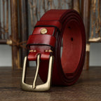 Red men's belt, buckle detail