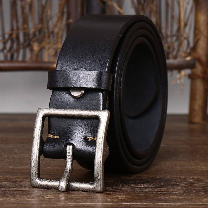 Black heavy-duty silver buckle men's leather belt