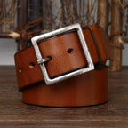 Brown heavy-duty silver buckle men's leather belt