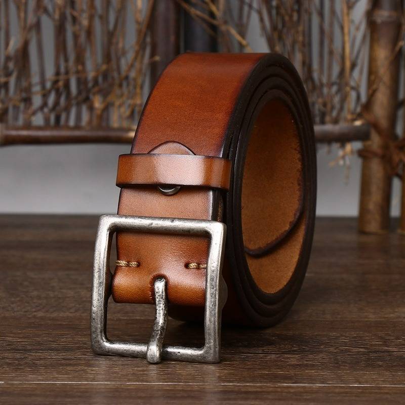 Brown men's leather belt detail view