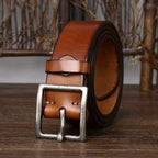 Brown men's leather belt detail view