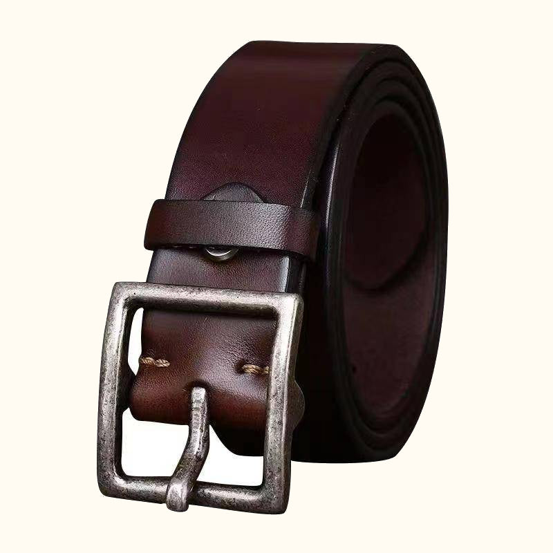 Dark brown heavy-duty silver buckle men's leather belt