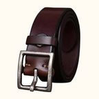 Dark brown heavy-duty silver buckle men's leather belt