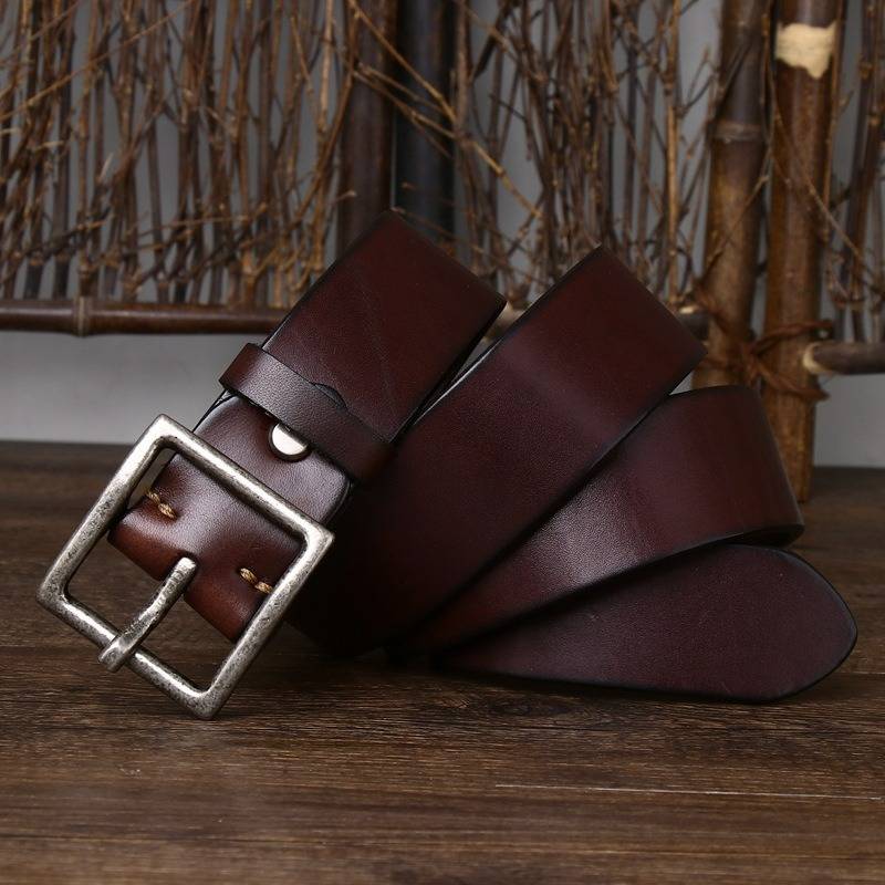 Dark brown men's leather belt detail view