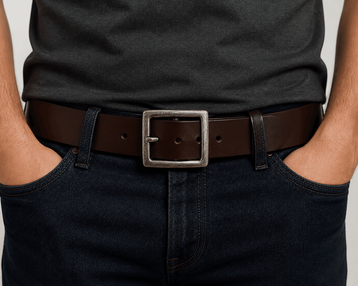Dark brown men's leather belt, transparent background