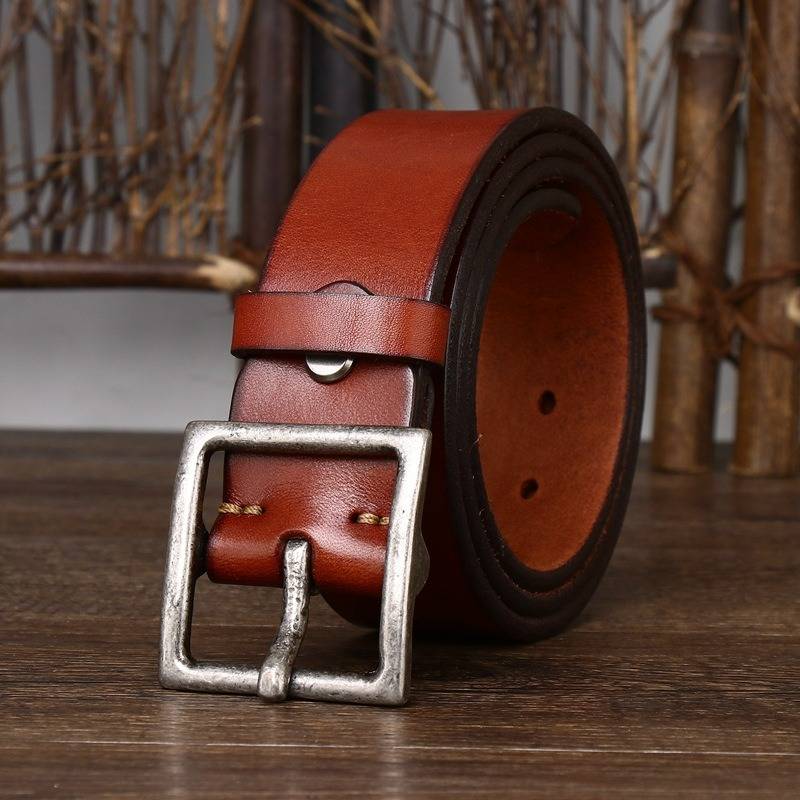 Red men's leather belt detail view