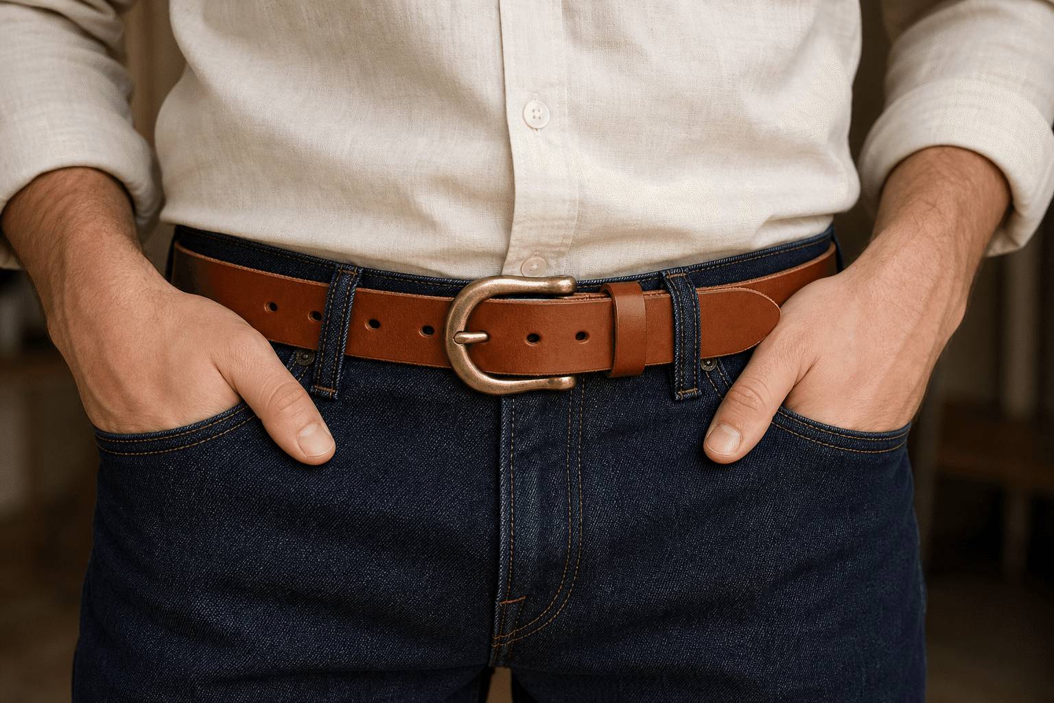 Brown men's belt, buckle detail