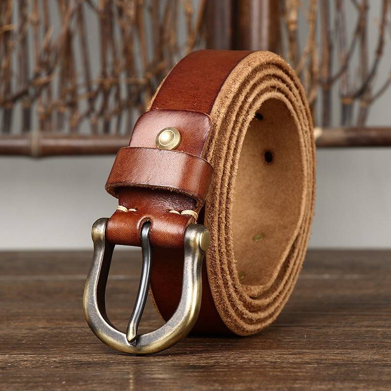 Brown men's leather belt detail view