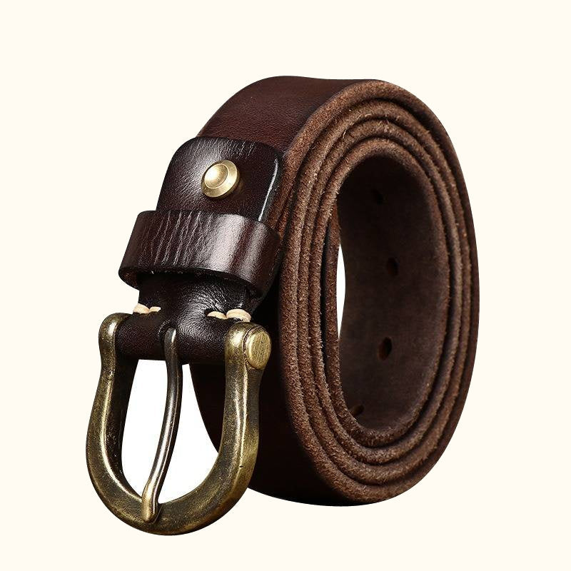 Dark brown horseshoe buckle men's leather belt