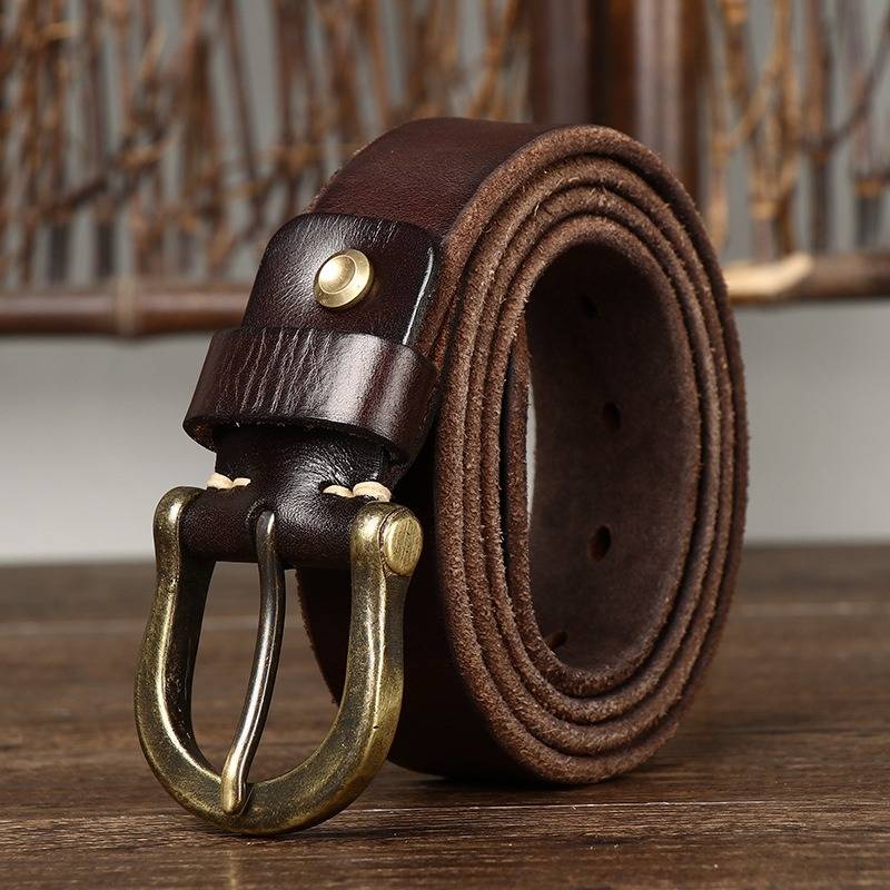 Dark brown men's leather belt detail view