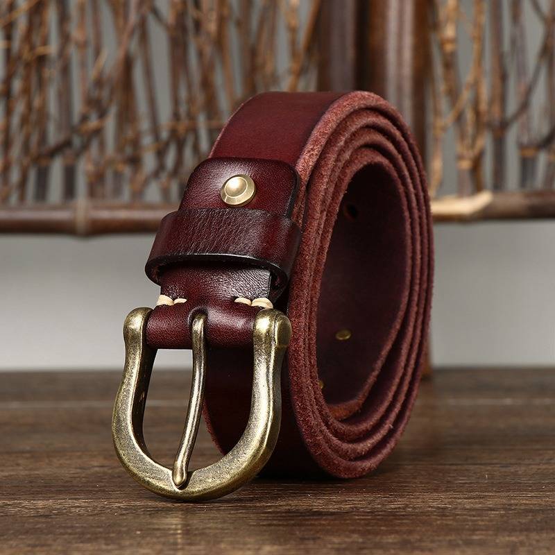 Red men's leather belt detail view