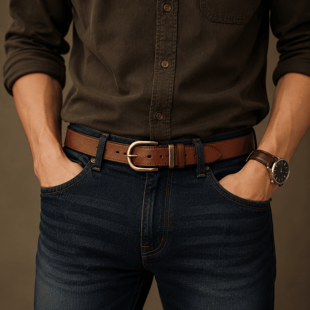 Brown men's belt, lychee texture