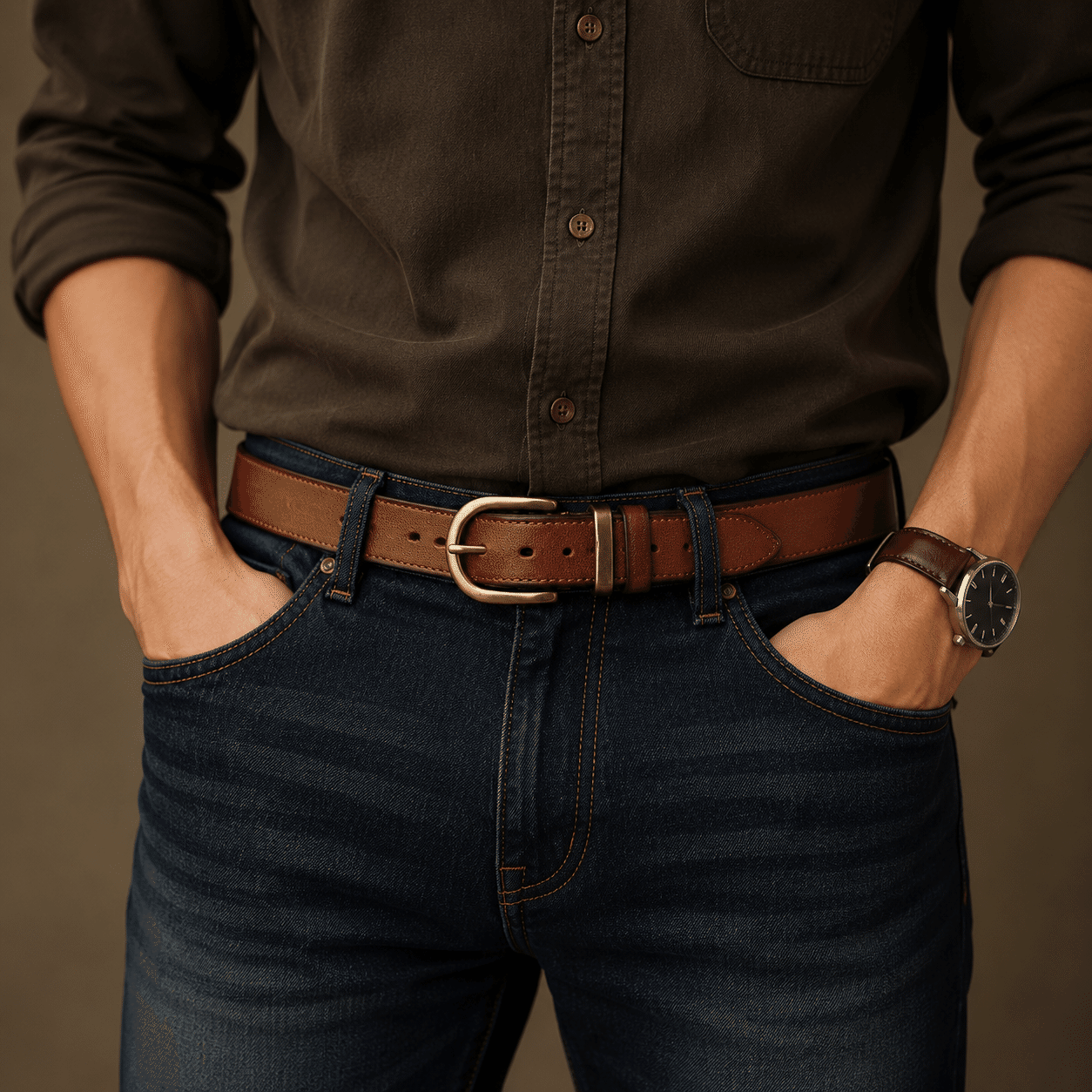 Brown men's belt, lychee texture
