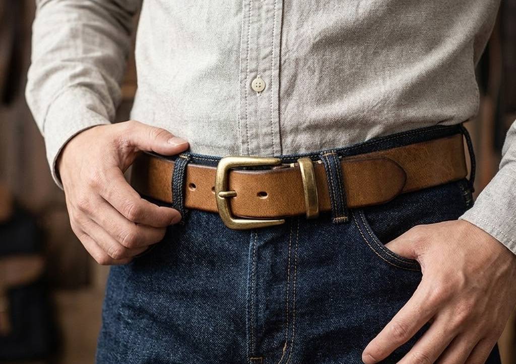 Brown men's belt, buckle detail