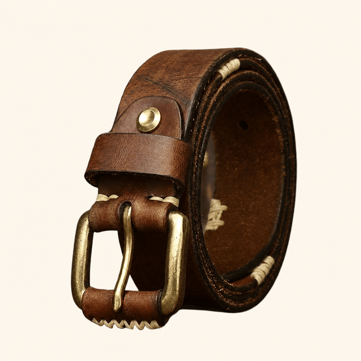Brown men's matte stitched belt