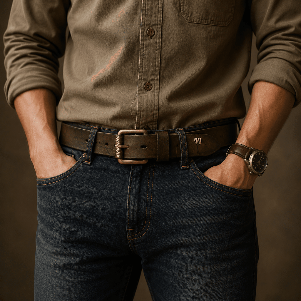 Brown men's belt, stitch line