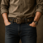 Brown men's belt, stitch line