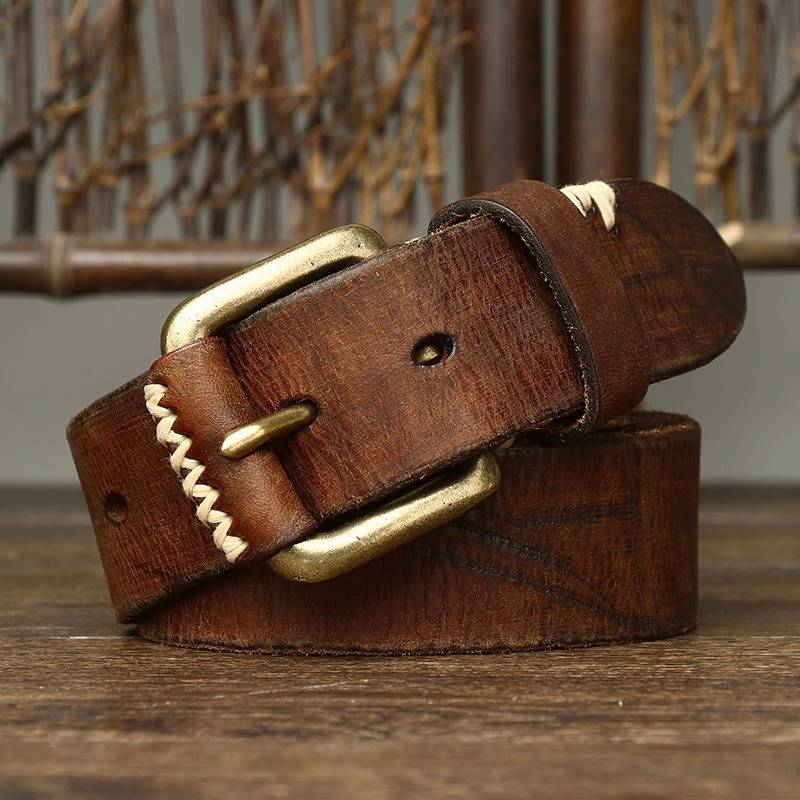Brown men's belt, coiled view