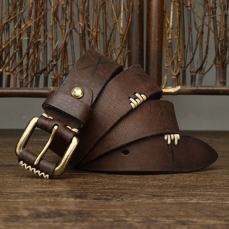 Dark brown men's belt, stitch line