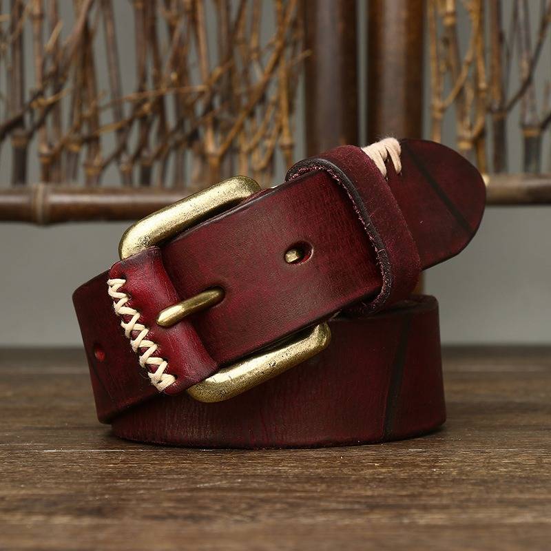 Red men's belt, stitch line