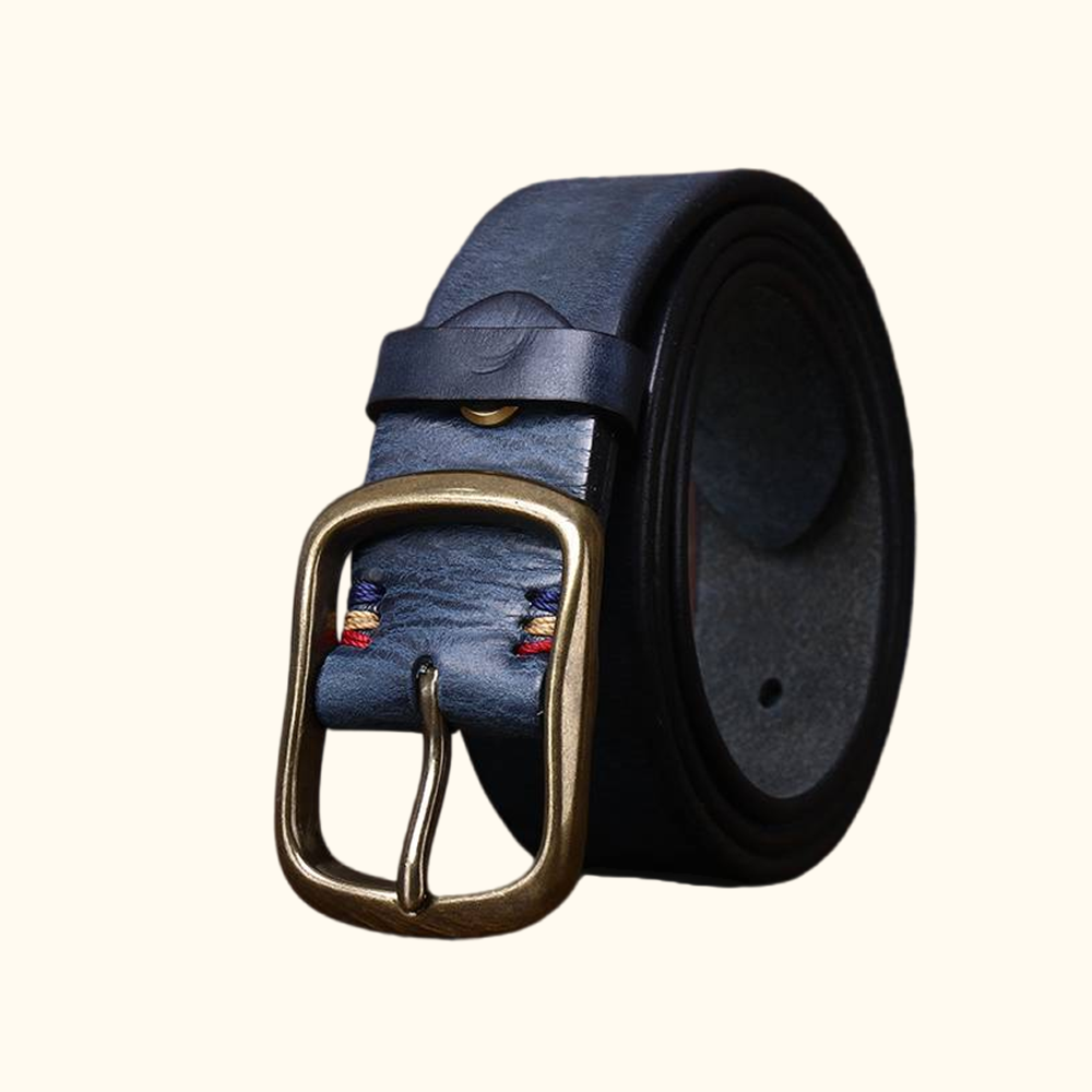 Navy blue full-grain leather belt, transparent background