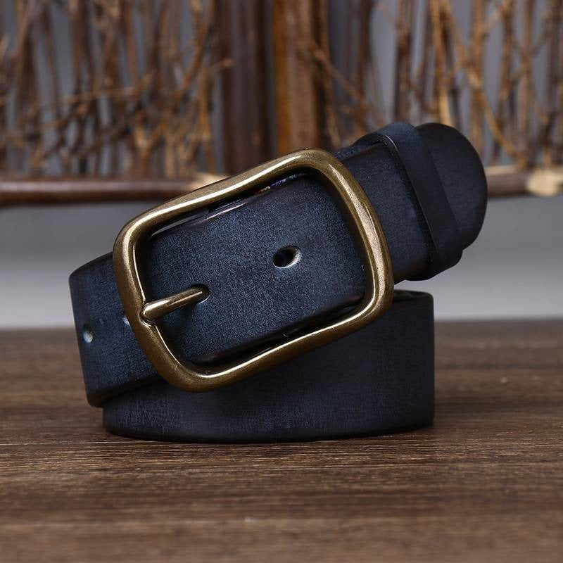 Navy blue leather belt detail view 1