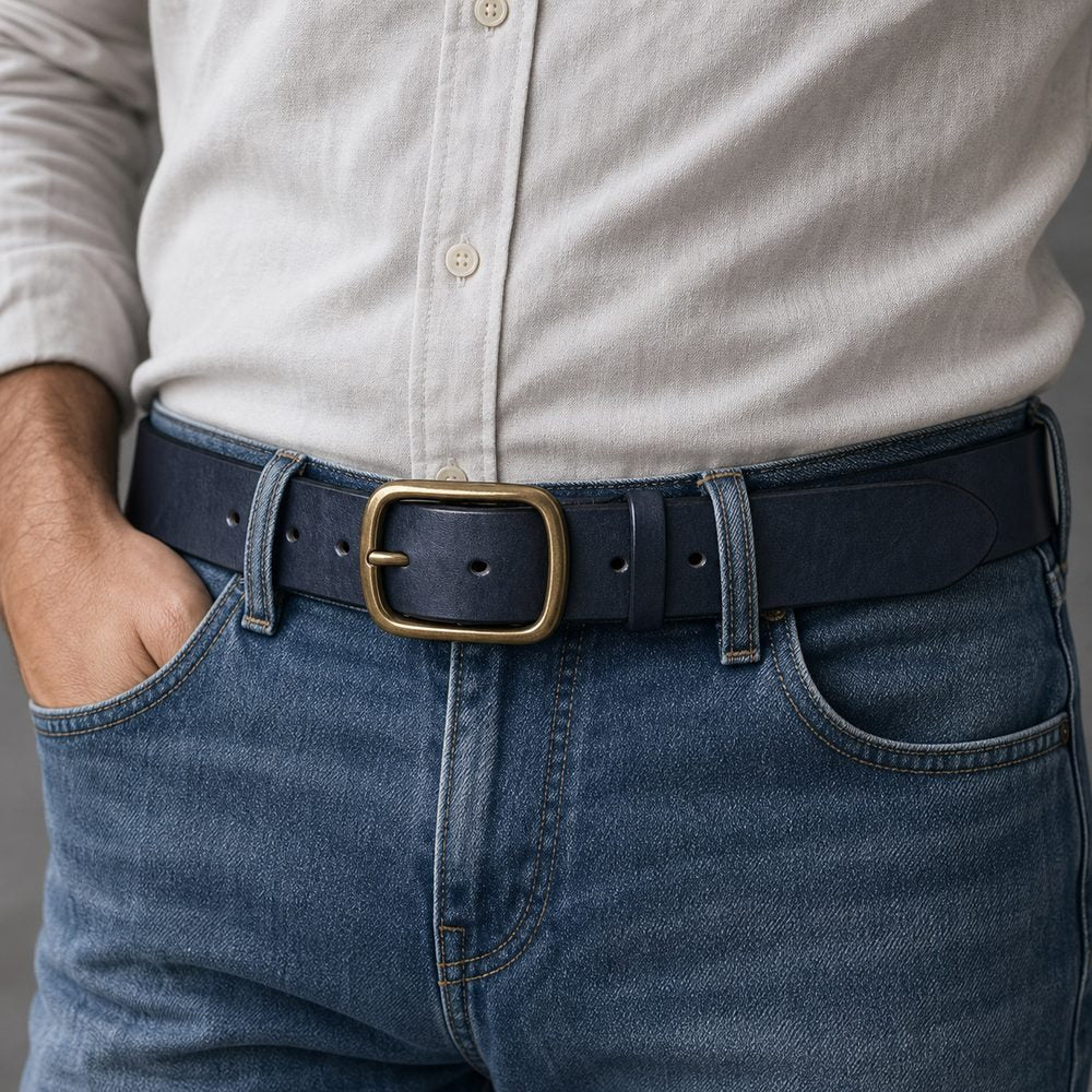 Navy blue full-grain leather belt worn with jeans