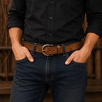Brown men's belt, buckle detail