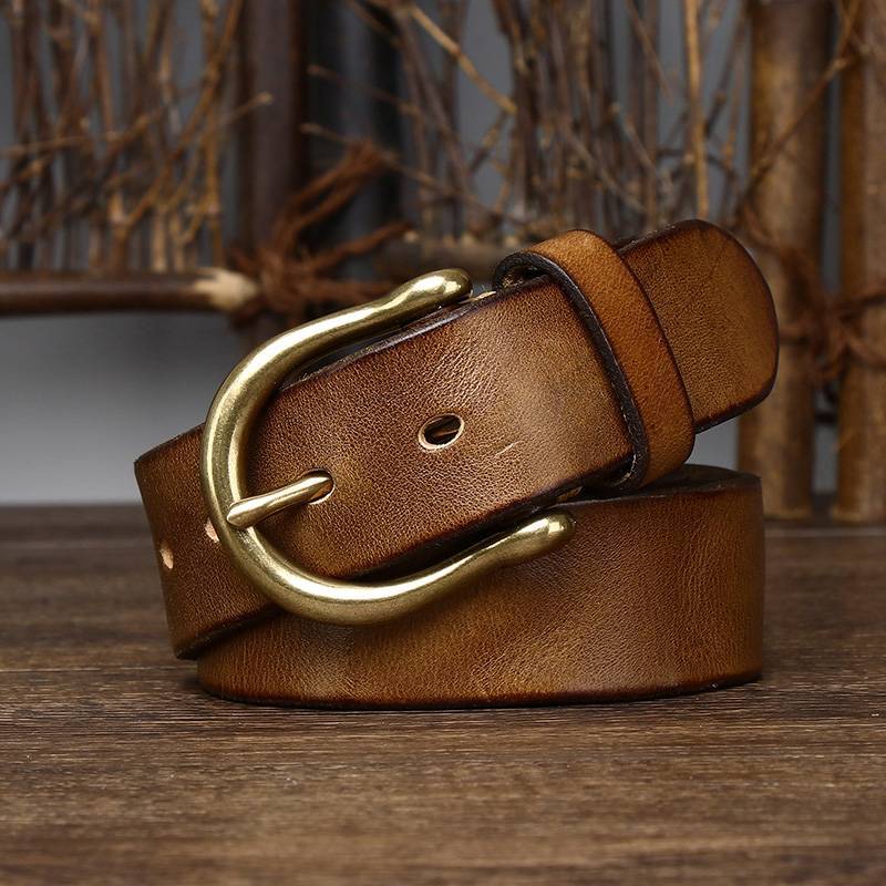 Brown men's belt, coiled view