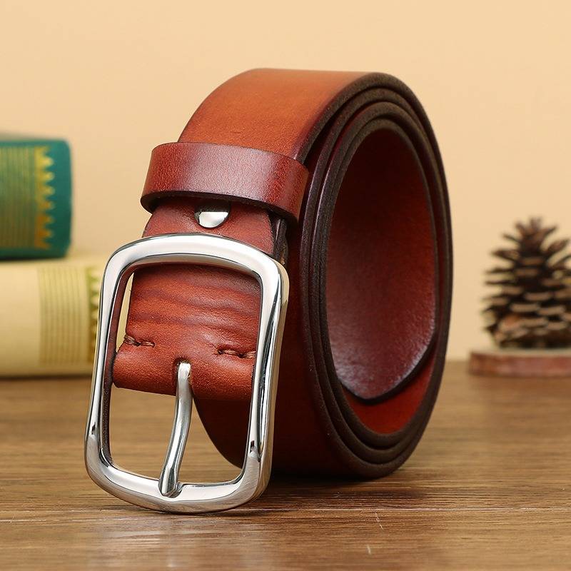Red brown full-grain men's leather belt with stainless steel buckle