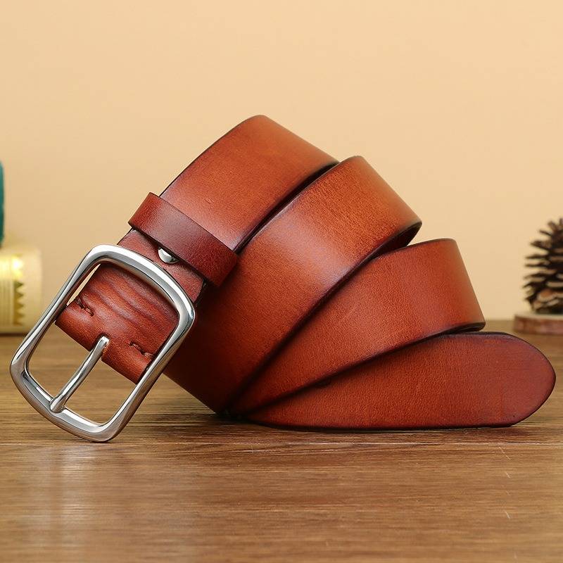 Red brown men's leather belt coiled, stainless steel buckle