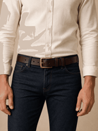 Dark brown men's belt, side view