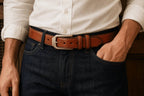 Brown men's belt, buckle detail