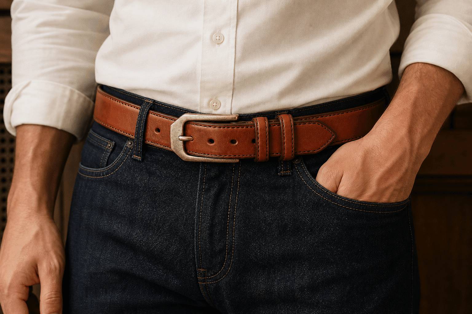 Brown men's belt, buckle detail