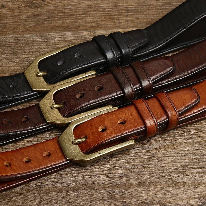Brown men's belt, worn with jeans