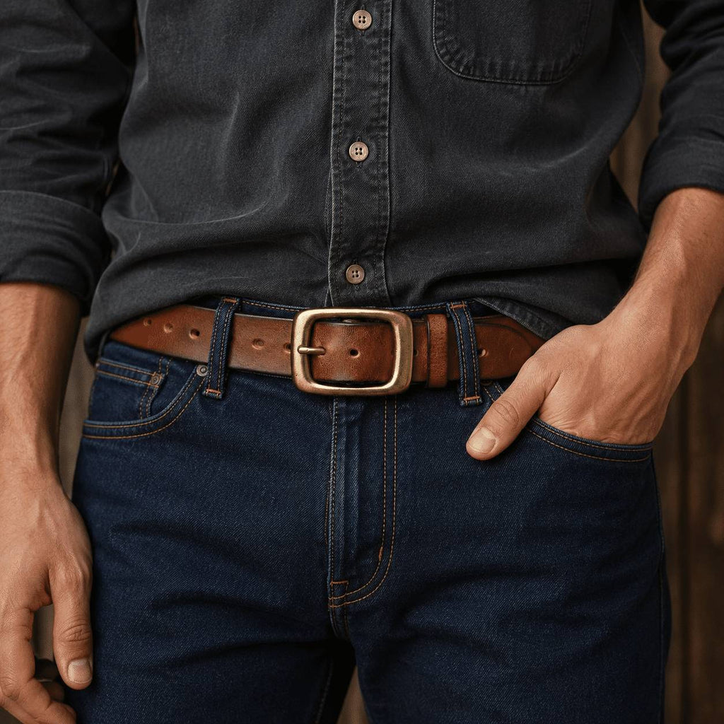 Brown men's belt, side view