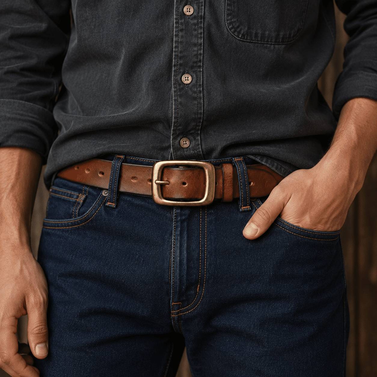Brown men's belt, side view