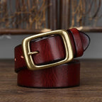 Red men's belt, buckle detail