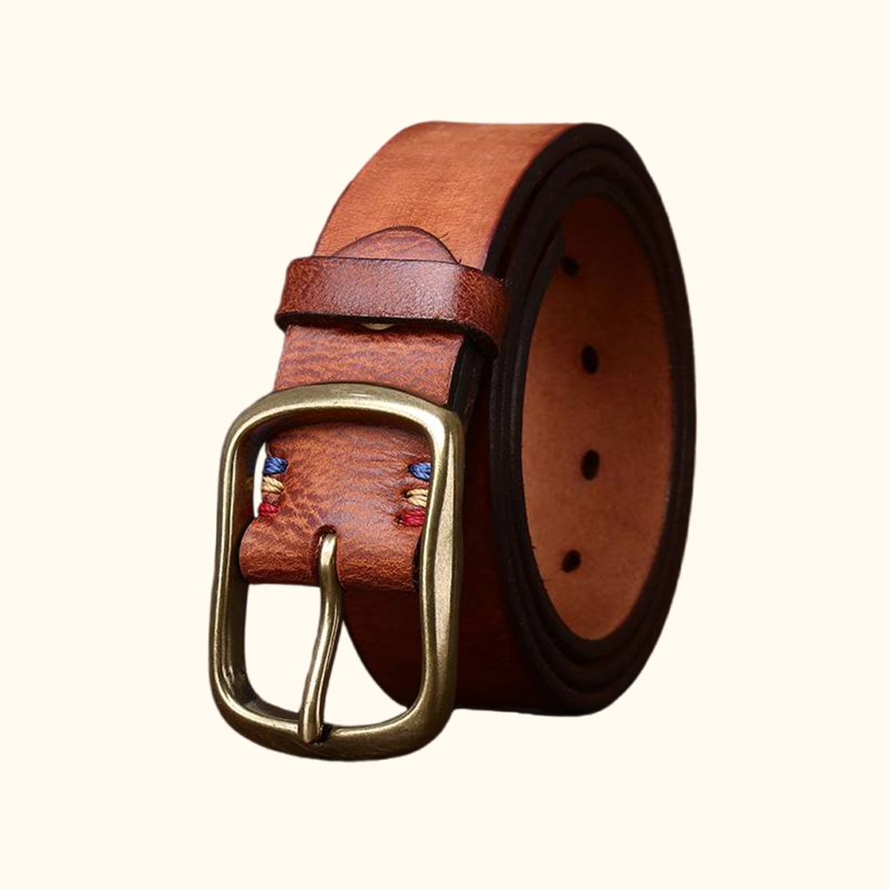 Yellow brown full-grain men's leather belt, transparent background