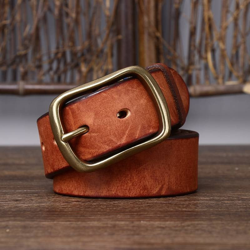 Yellow brown men's leather belt detail view 1