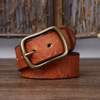 Yellow brown men's leather belt detail view 1