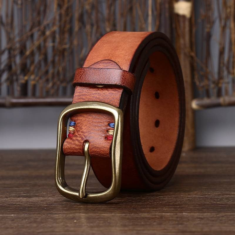 Yellow brown men's leather belt detail view 2