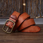 Yellow brown men's leather belt detail view 3