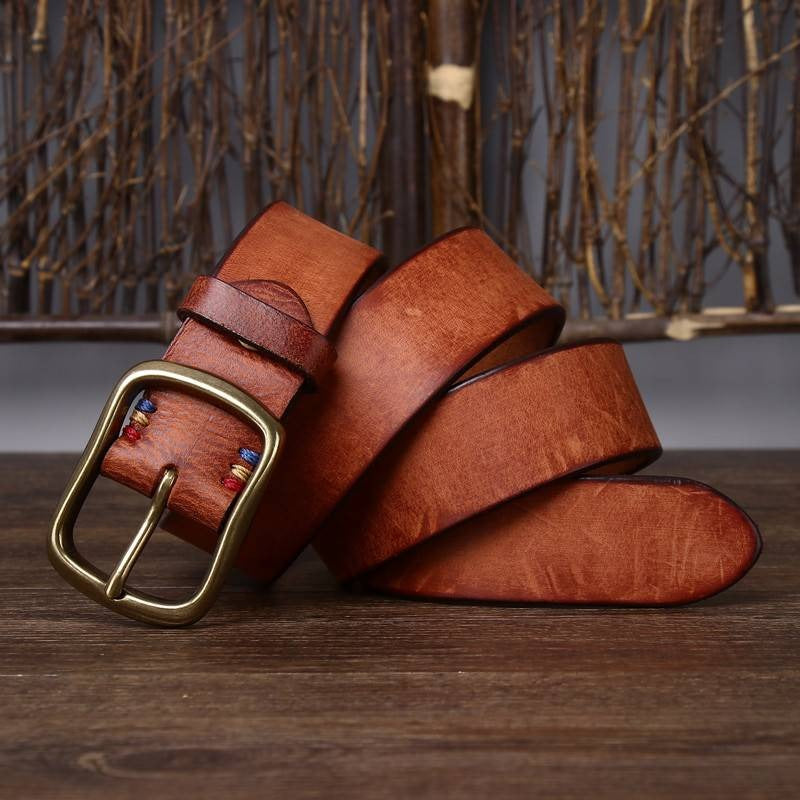 Yellow brown men's leather belt detail view 3