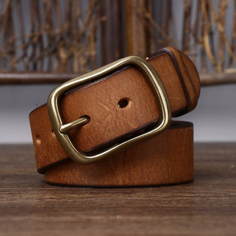 Yellow brown men's leather belt detail view 4