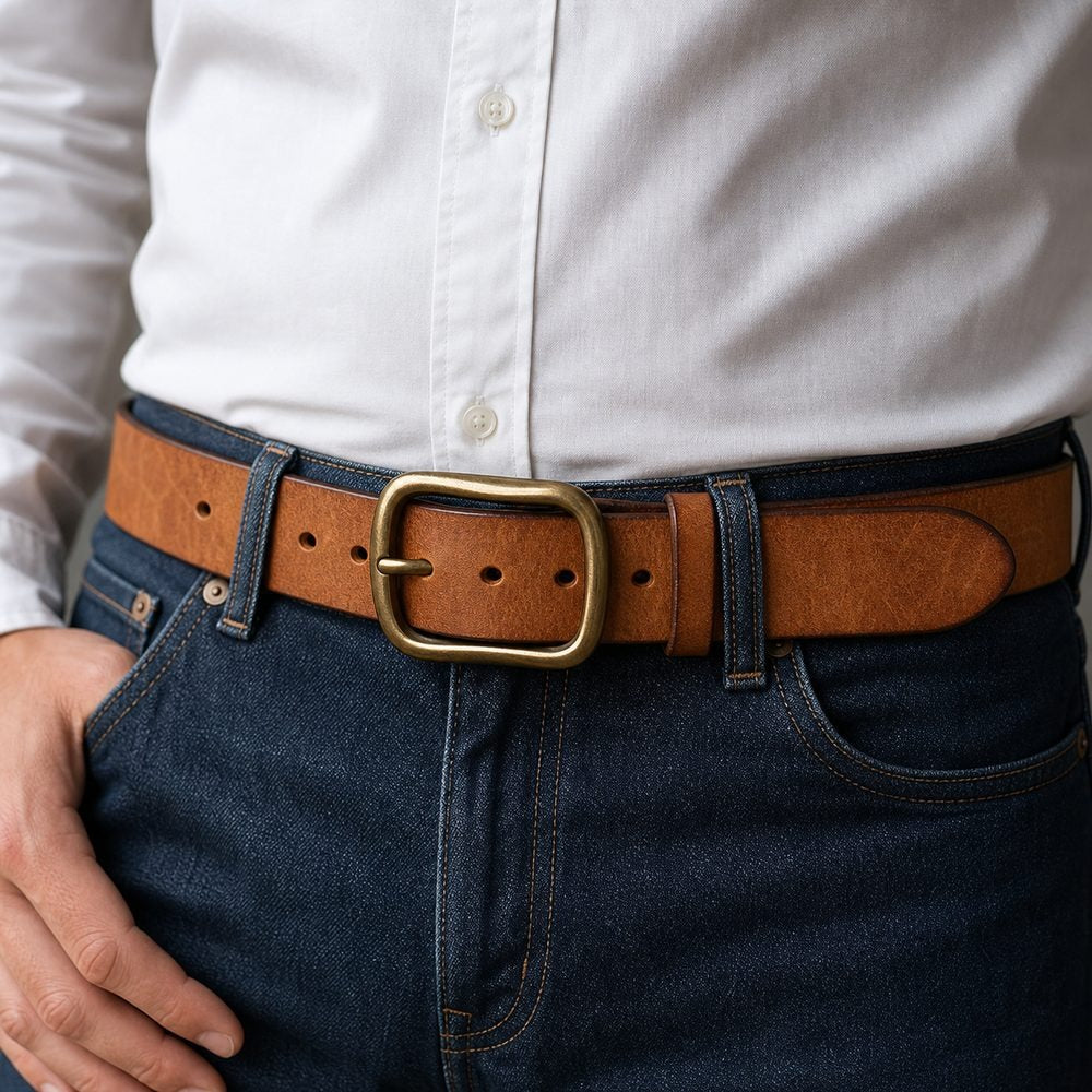 Yellow brown full-grain men's leather belt worn with jeans